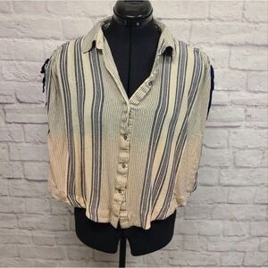 Free People Cream and Blue Notched Collar Sleeveless Top